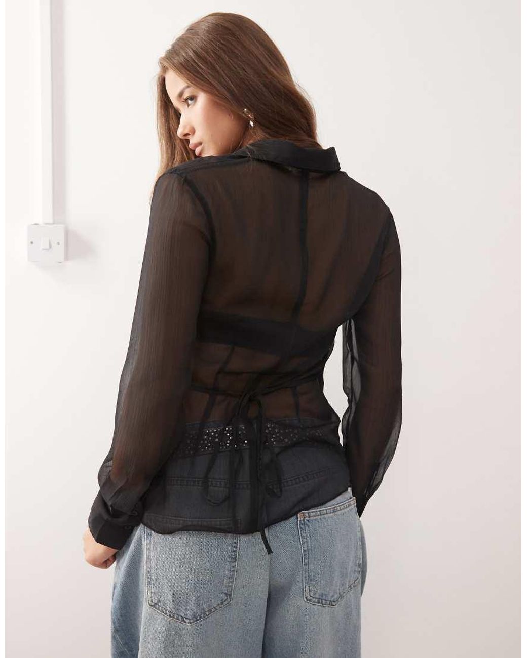 Monki Black Sheer Fitted Shirt With Tie