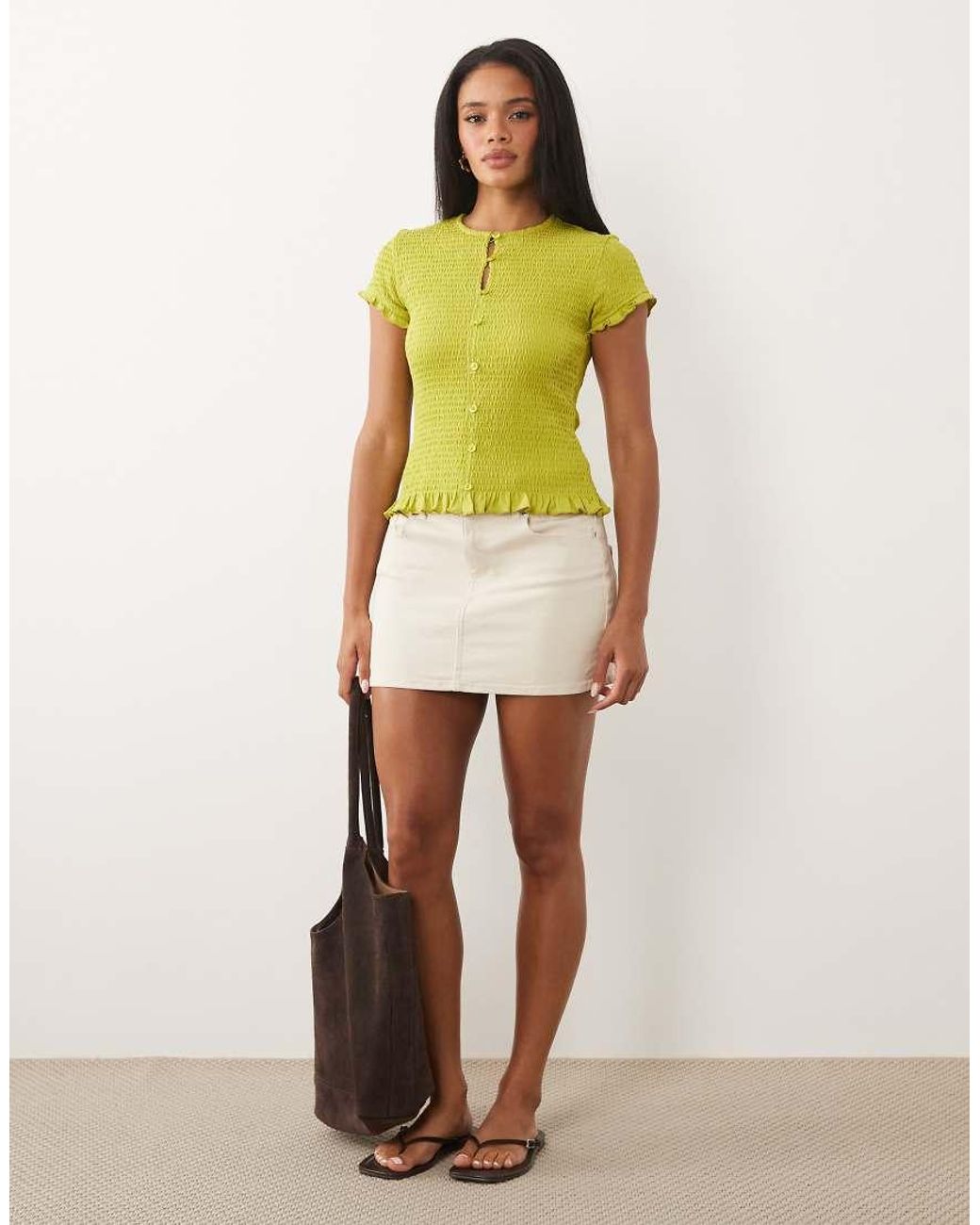 ASOS Yellow Cotton Shirred Button Down Short Sleeve Top