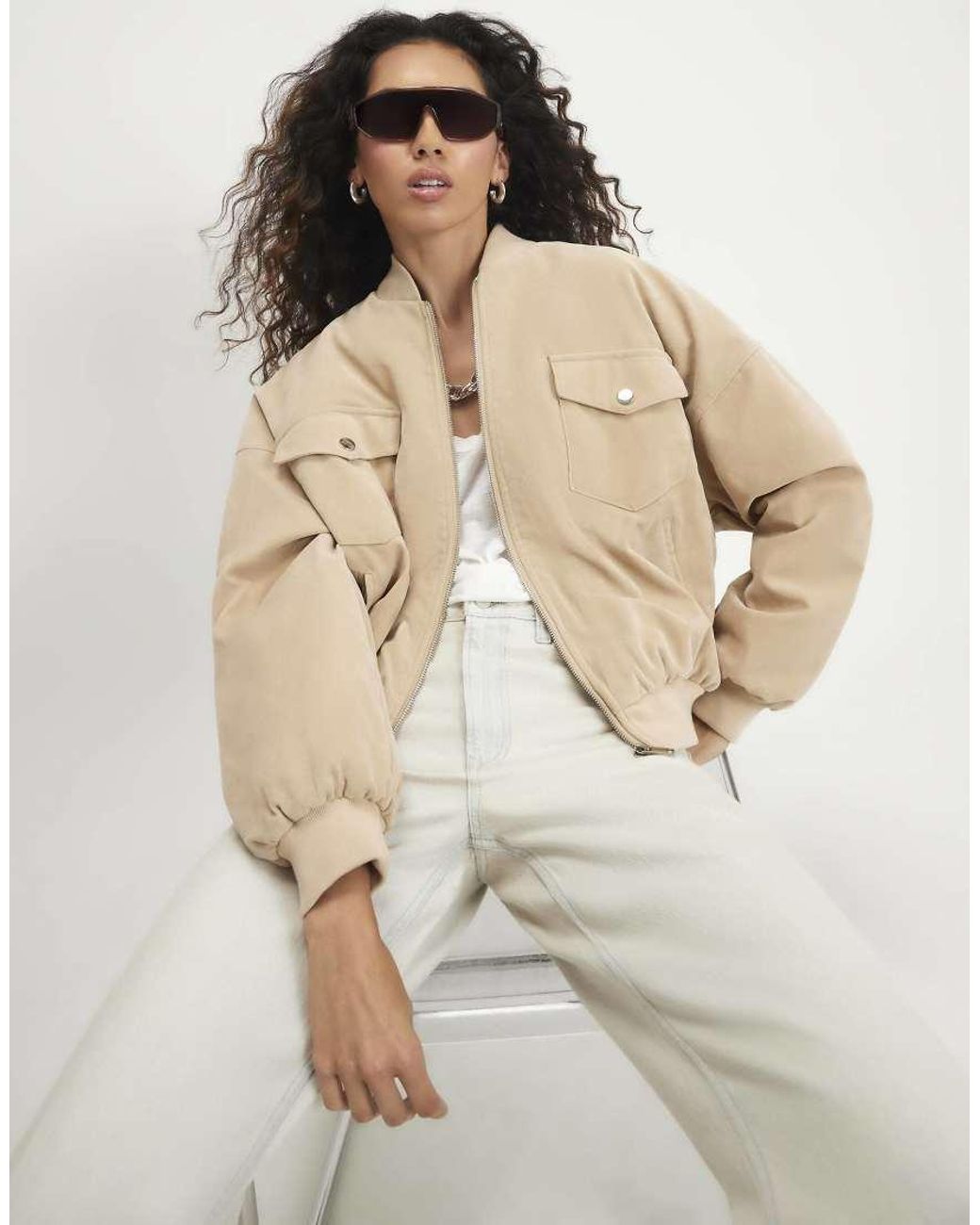 River Island Natural Faux Suede Classic Bomber Jacket