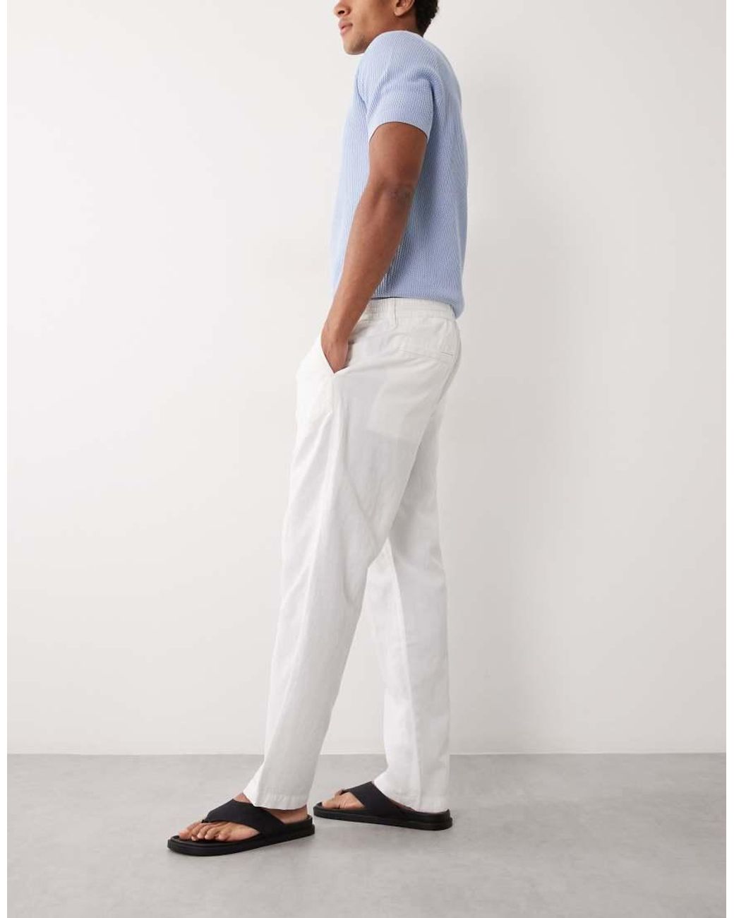 Mango White Linen Blend Straight Leg Draw String Trousers for men