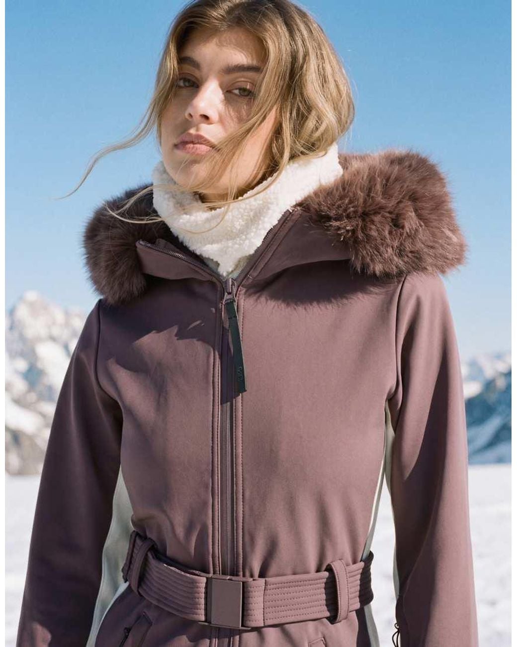 ASOS 4505 Ski & Snow Brown 4505 Ski Soft Shell Belted Ski Suit With Side Stripe And Faux Fur Trim