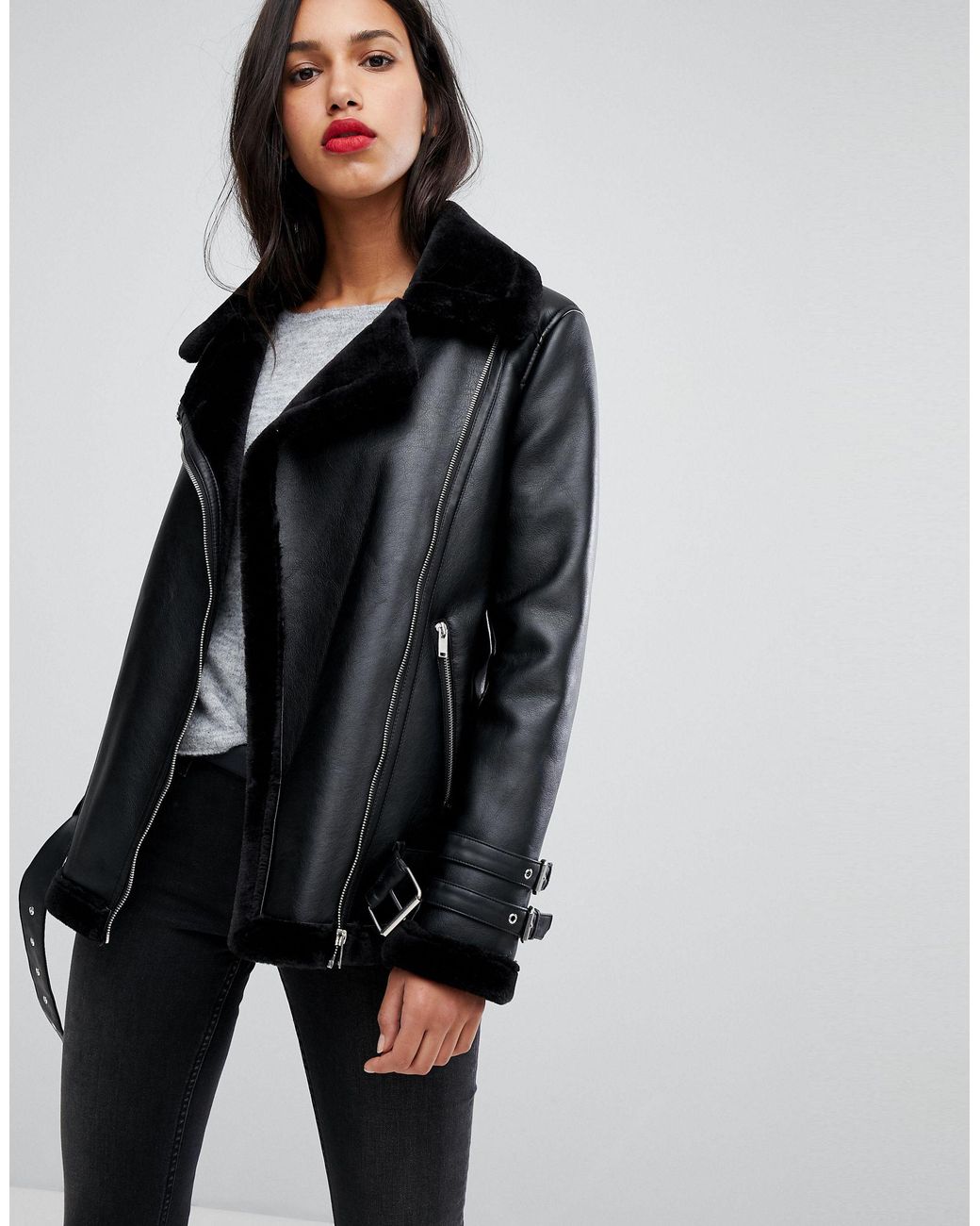 Vero Moda Faux Leather Aviator Jacket in Black | Lyst UK