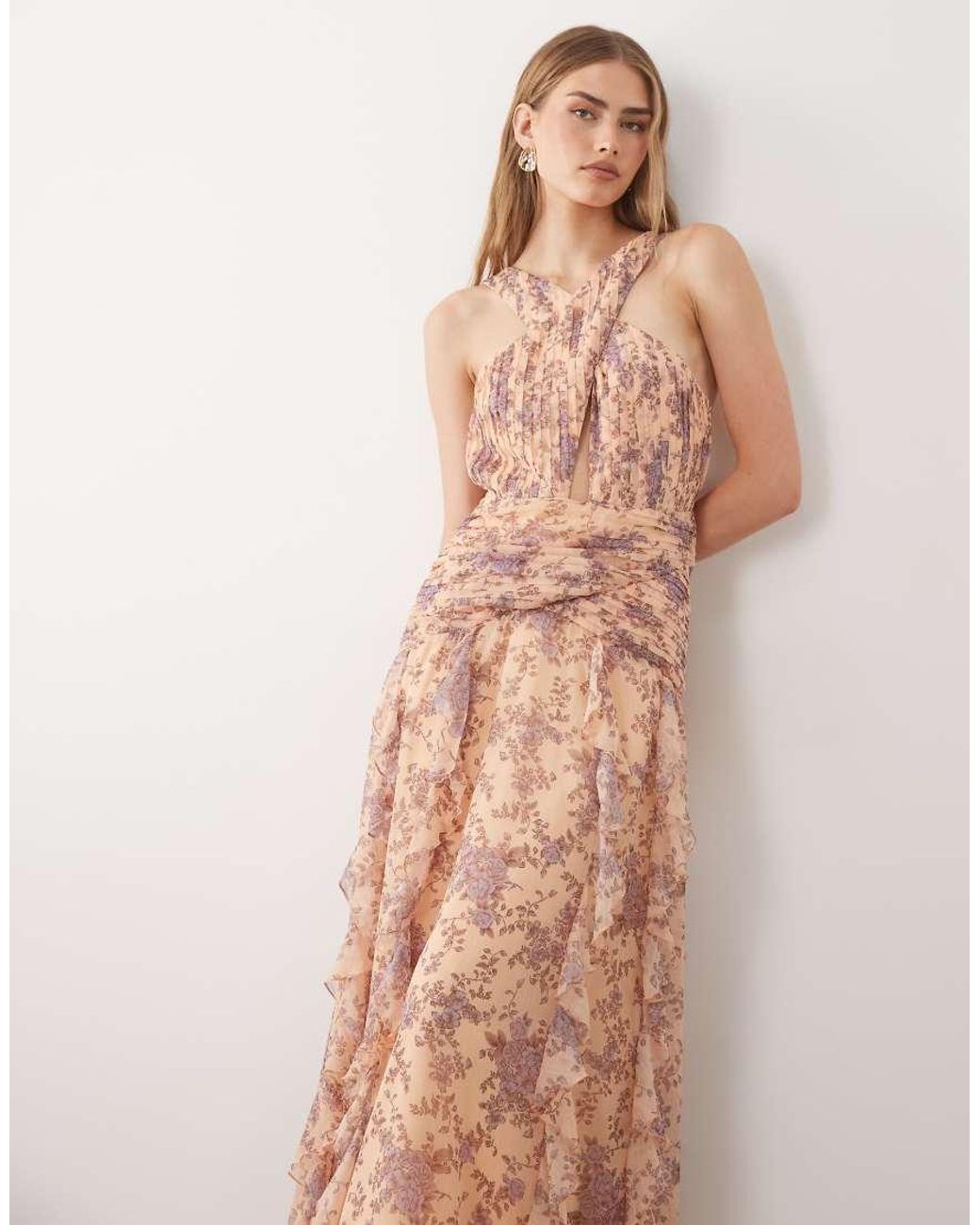 Pretty Lavish Pink Brielle Cross Over Ruched Ruffle Maxi Dress