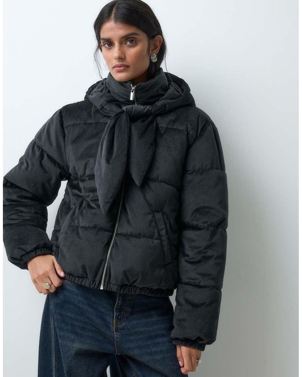 Miss Selfridge Blue Velvet Tie Neck Puffer Coat