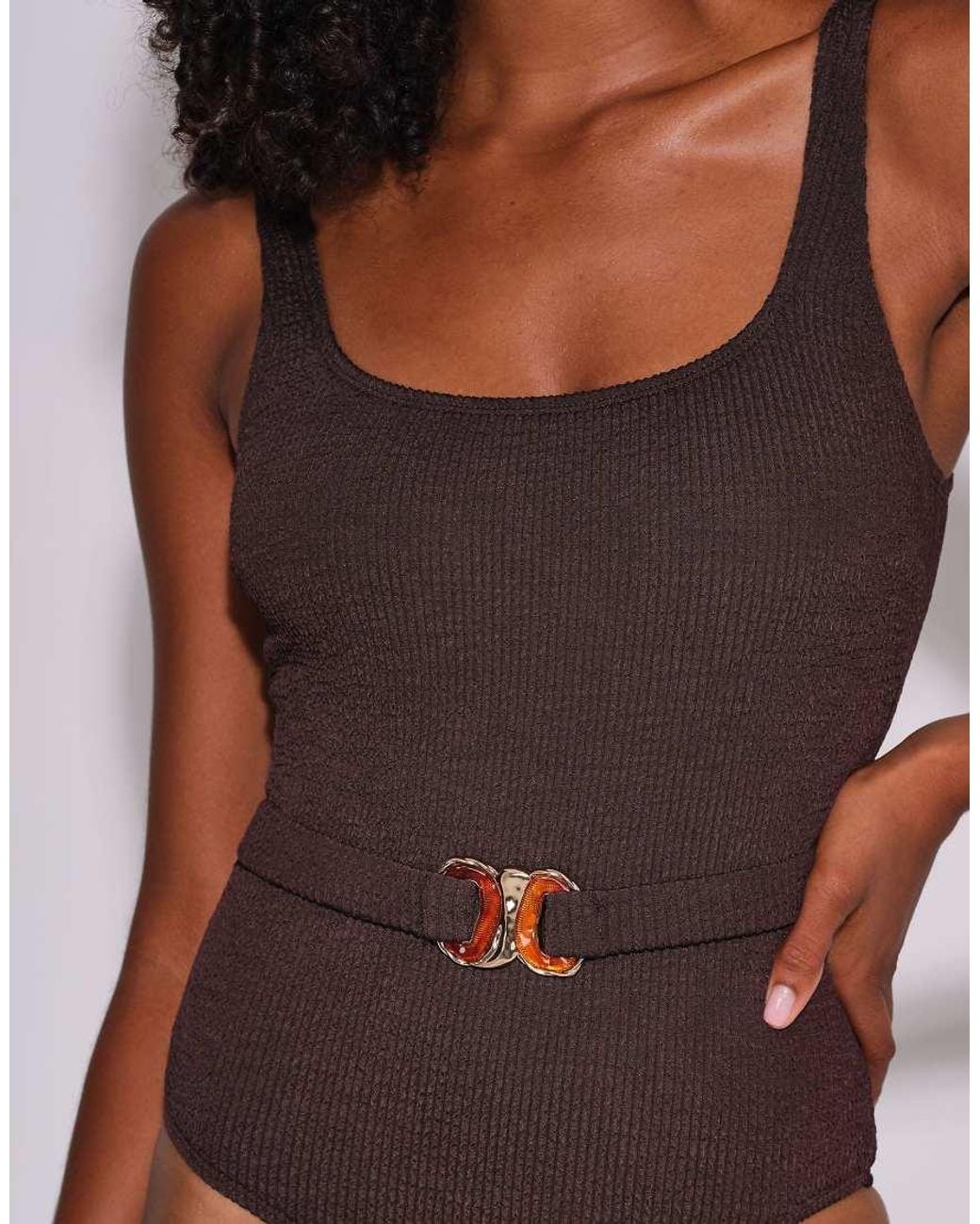 South Beach Brown Crinkle Belt Decal Swimsuit