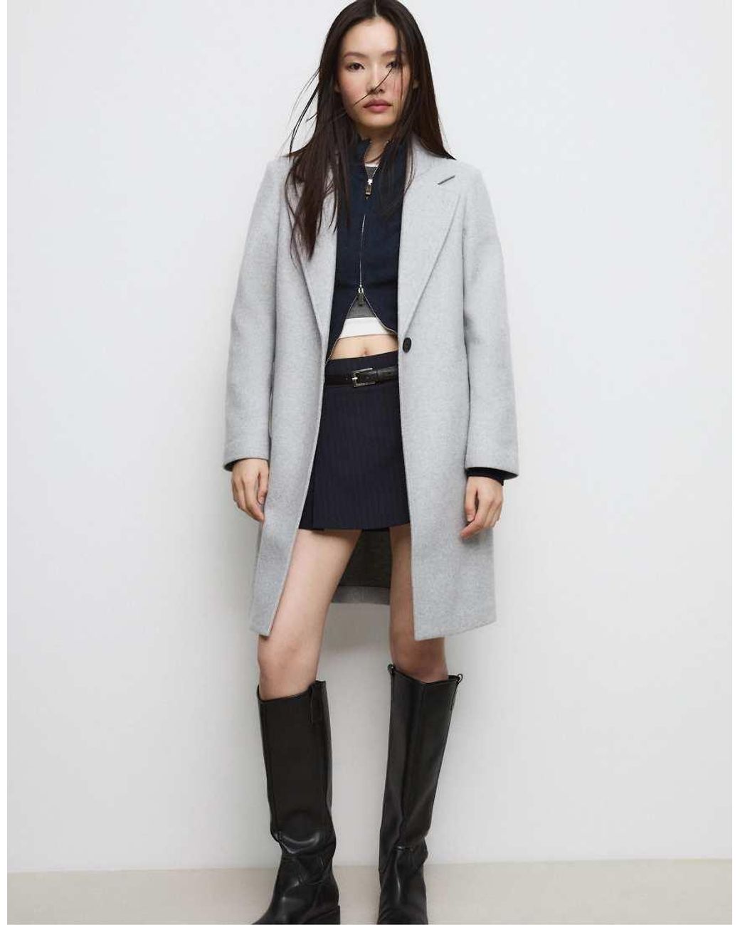 Stradivarius Gray Soft-touch Button-up Midi Coat
