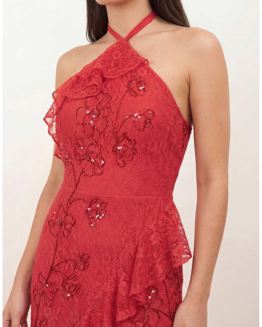 Maya Red Embellished Halter Neck Lace Maxi Dress