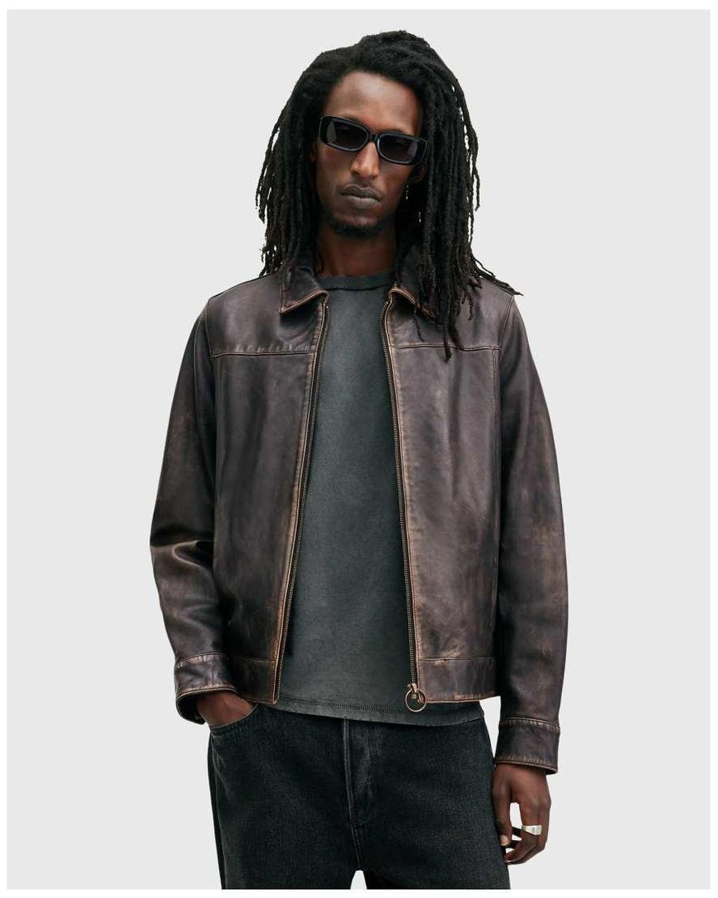 AllSaints Gray Alkan Washed Leather Zip Jacket