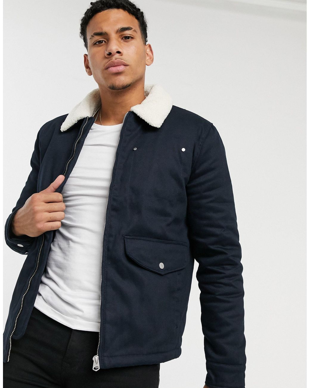 TOPMAN Harrington Jacket With Borg Collar in Blue for Men | Lyst Canada