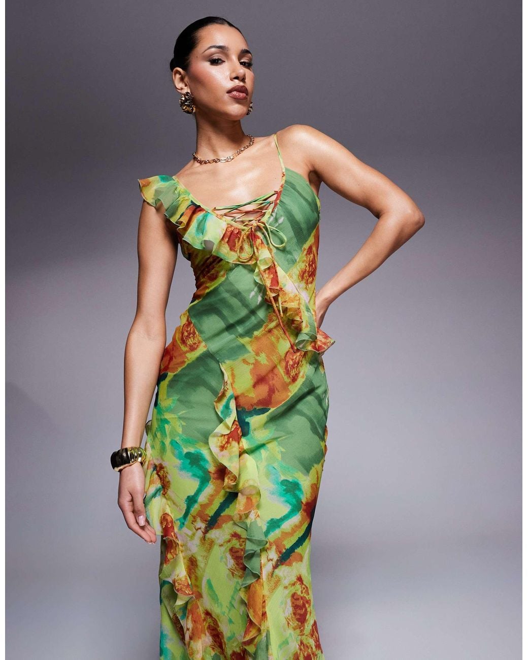 ASOS Green Plunge Lace Up Ruffle Cami Midi Dress Abstract Floral