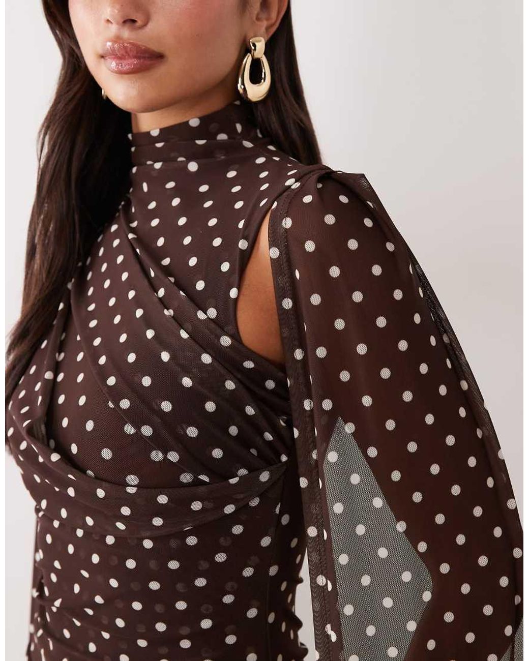 Ruched & Ready Brown Mesh High Neck Cape Detail Mini Dress