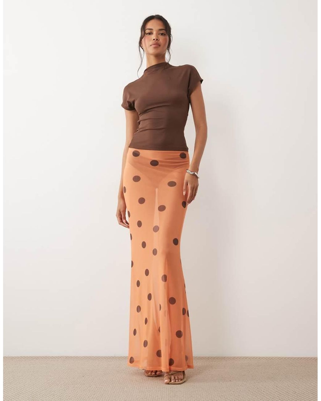 ASOS Brown Printed Sheer Mesh Maxi Skirt