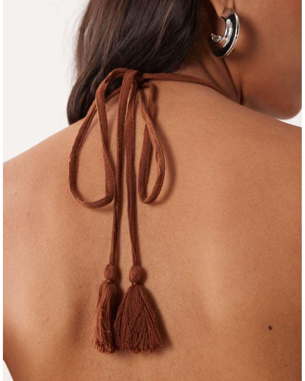 Mango Brown Teen Halterneck Embroidered Top With Tassle Detail
