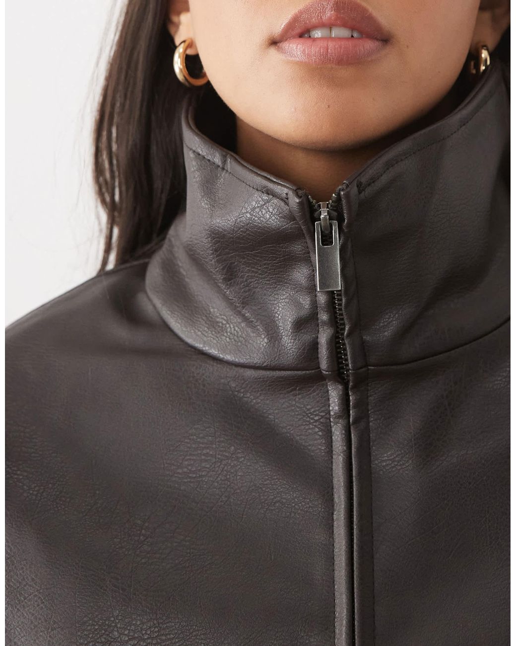 Object Gray Leather Look Funnel Neck Jacket