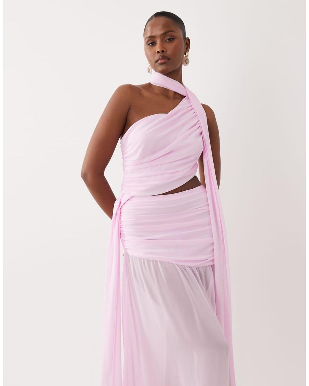 Aria Cove Pink Chiffon Drape Detail Cut Out Side Sheer Hem Wrap Scarf Detail Maxi Dress