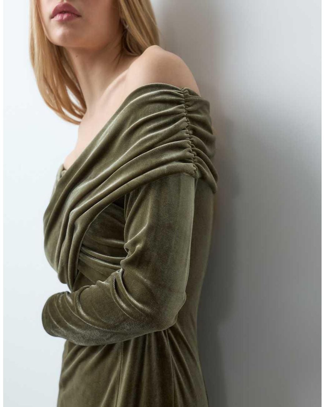 Y.A.S Green Off Shoulder Velvet Maxi Dress With Thigh Split