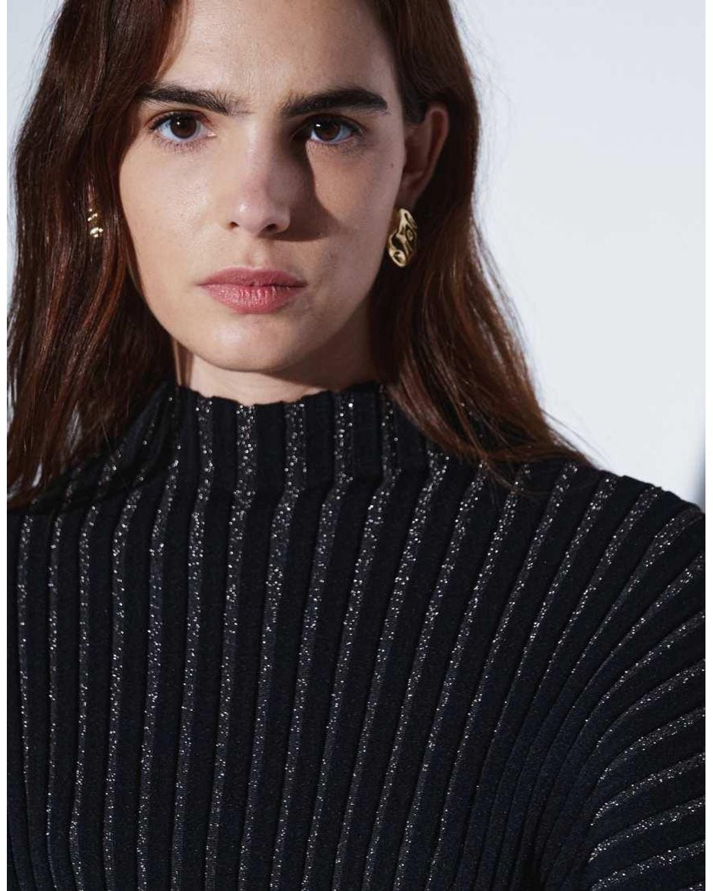 & Other Stories Blue Long Sleeve Knit Top With High Neck And Rib Detail