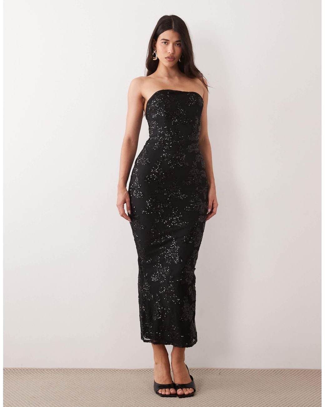 Structured Floral Design TFNC London Floral Sequin Structured Bandeau Maxi Dress in Black | Lyst