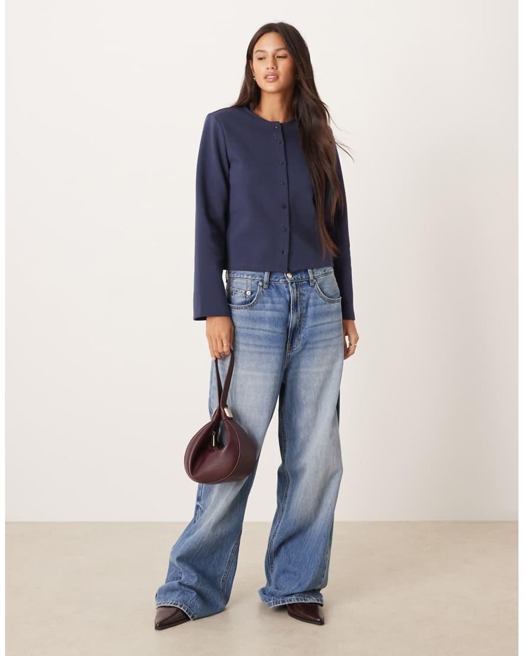 ASOS Blue Interlock Button Through Boxy Top With Shoulder Pads