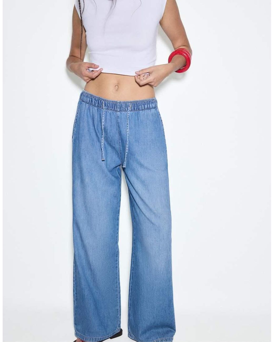 Stradivarius Blue Petite Flowy Denim Trousers With Drawstring
