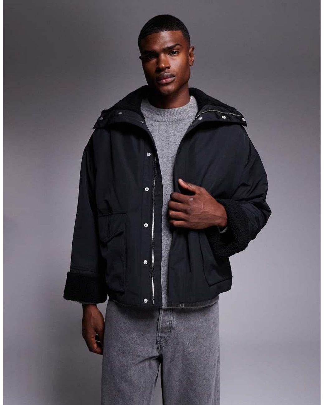 ASOS Gray Oversized Padded Jacket With Borg Lining for men
