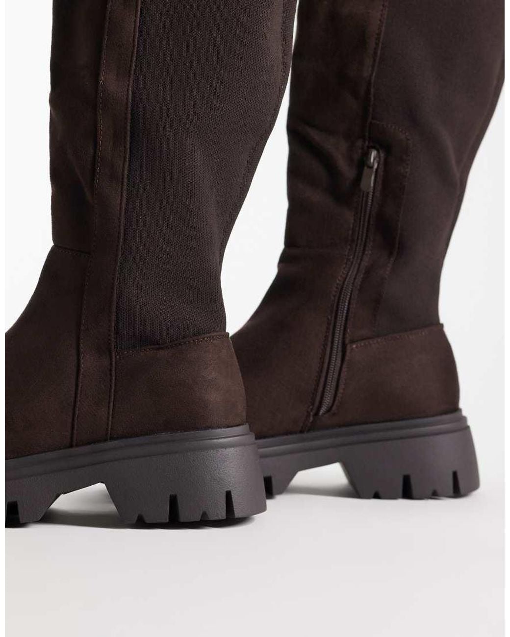 SEQWL Wide Fit Brown Twirl Faux Suede Chunky Knee Boots