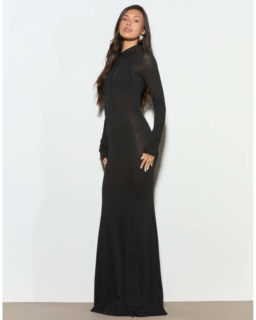 Noughts & Kisses Black Daphne Fine Knit Collared Button Up Maxi Dress