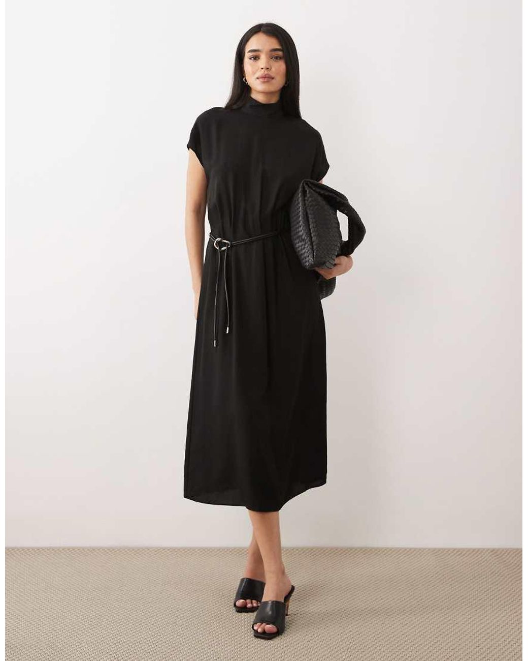 Mango Black High Neck Sleeveless Belted Midi Dress