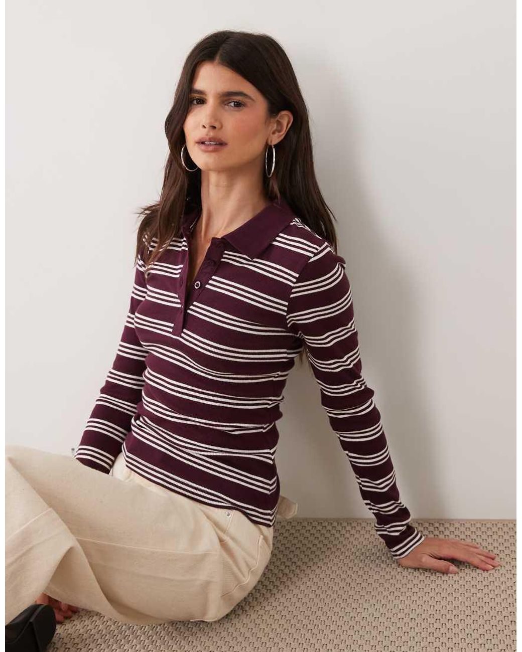 Brave Soul Purple Long Sleeve Ribbed Polo Top