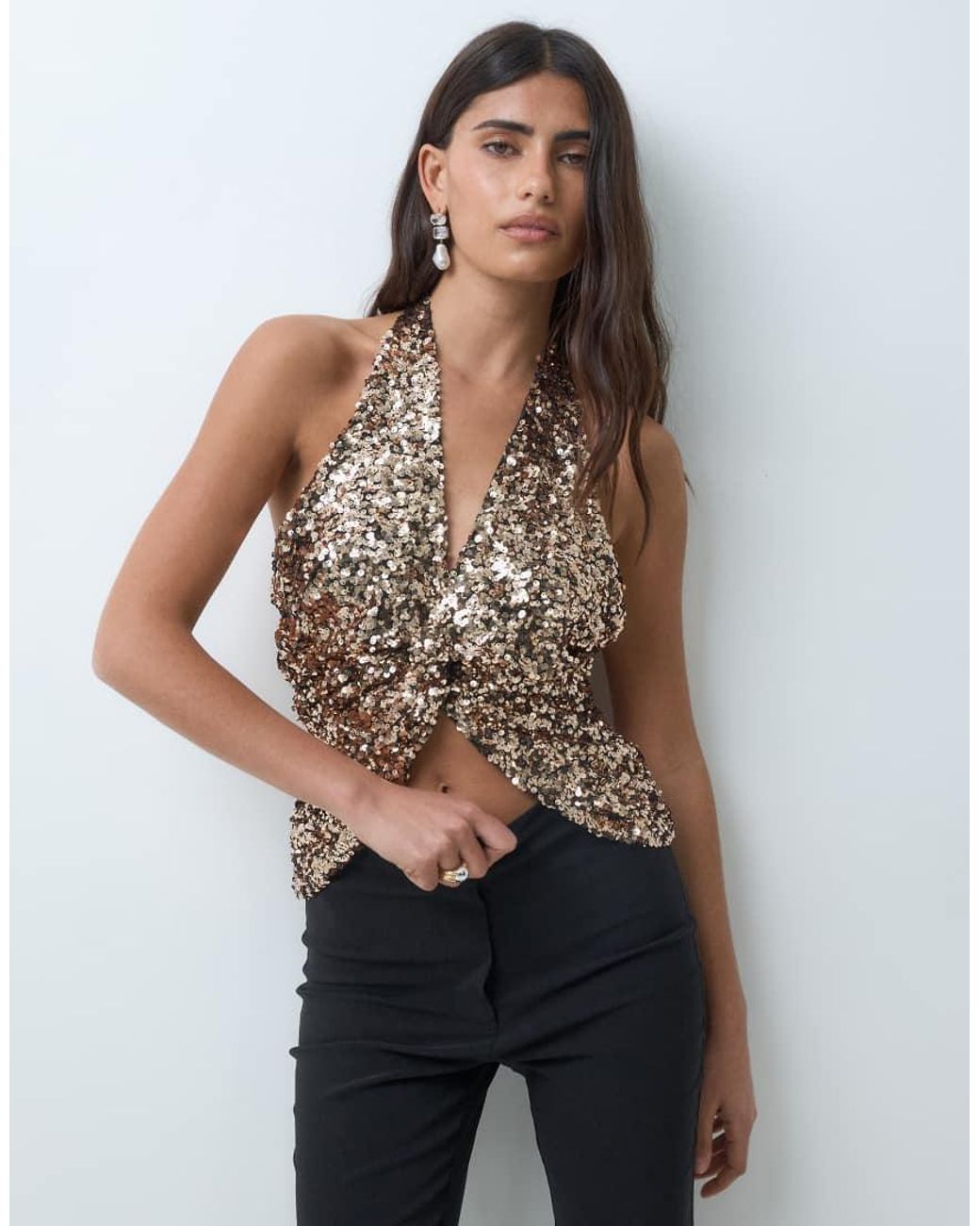 ASOS Multicolor Sequin Plunged Front Top