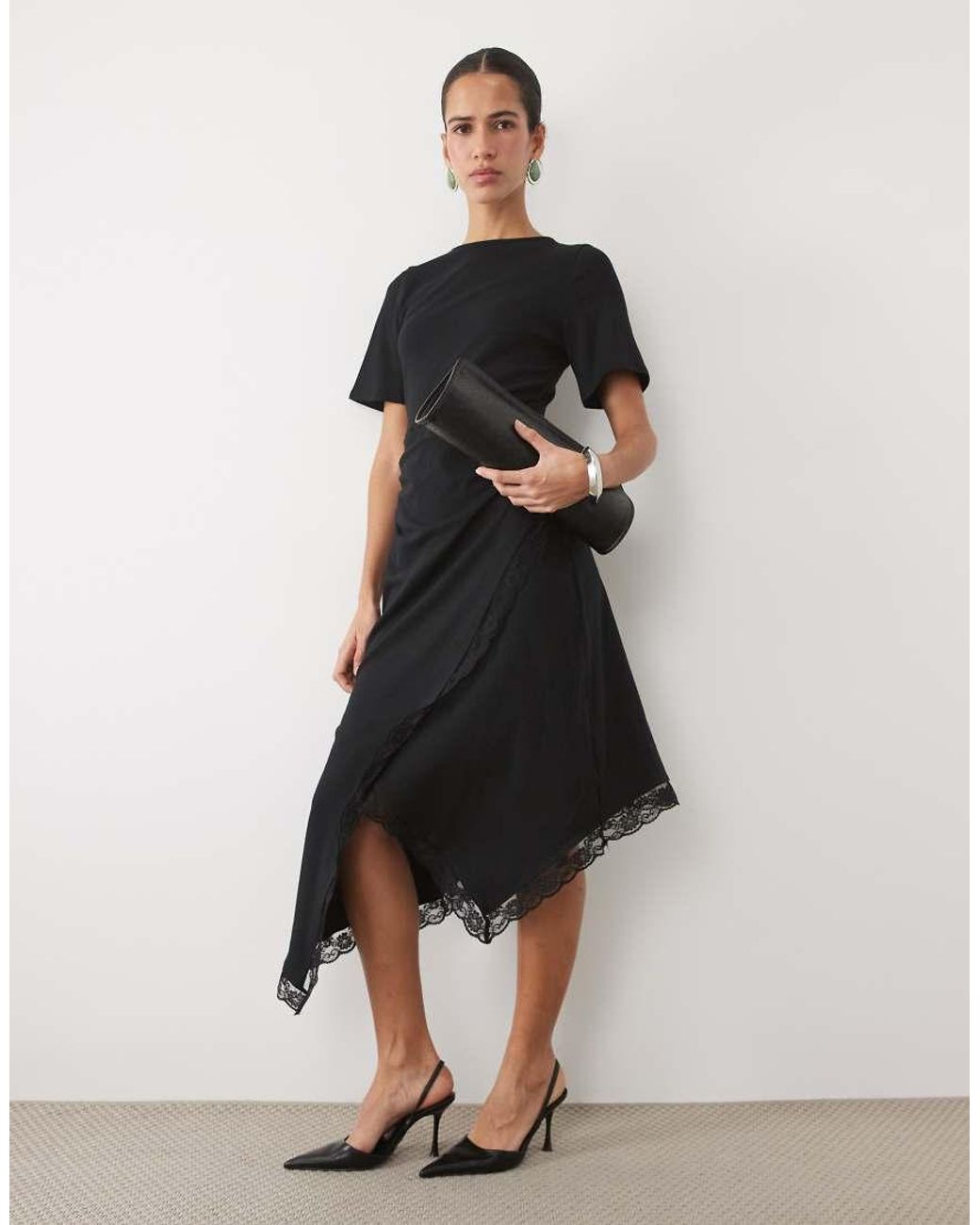 ASOS Black Short Sleeve With Lace Detail With Asymmetric Midi Dress