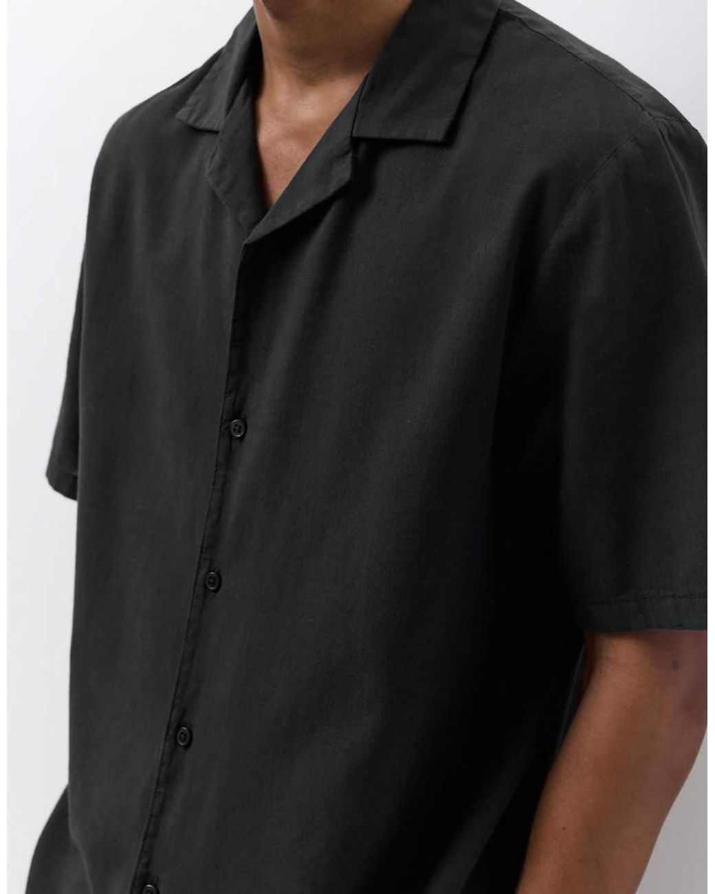 Pull&Bear Black Short Sleeve Linen Blend Shirt for men