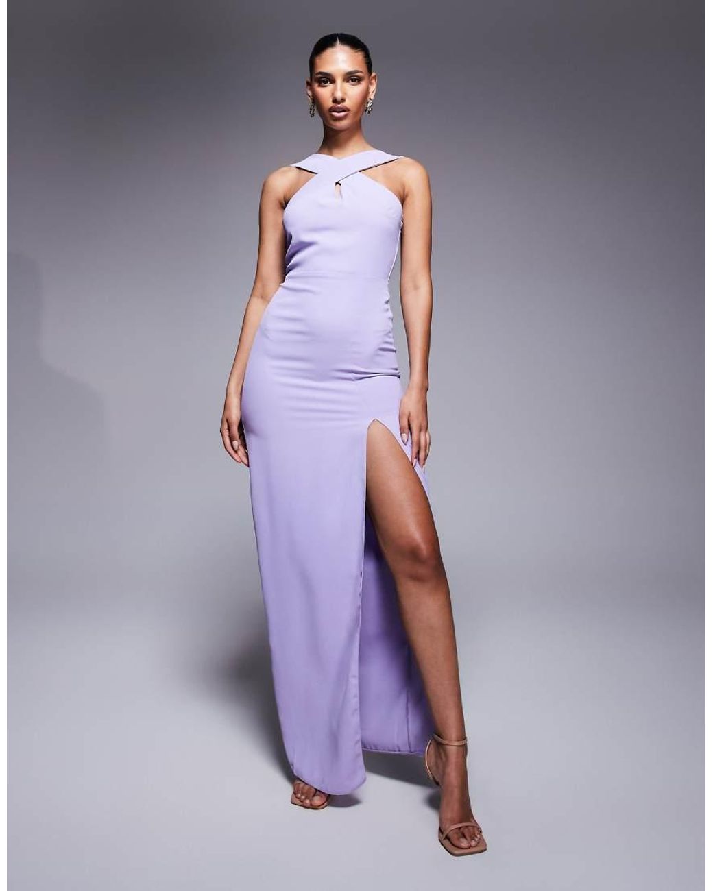 Vesper Purple High Neck Maxi Dress With Thigh Split