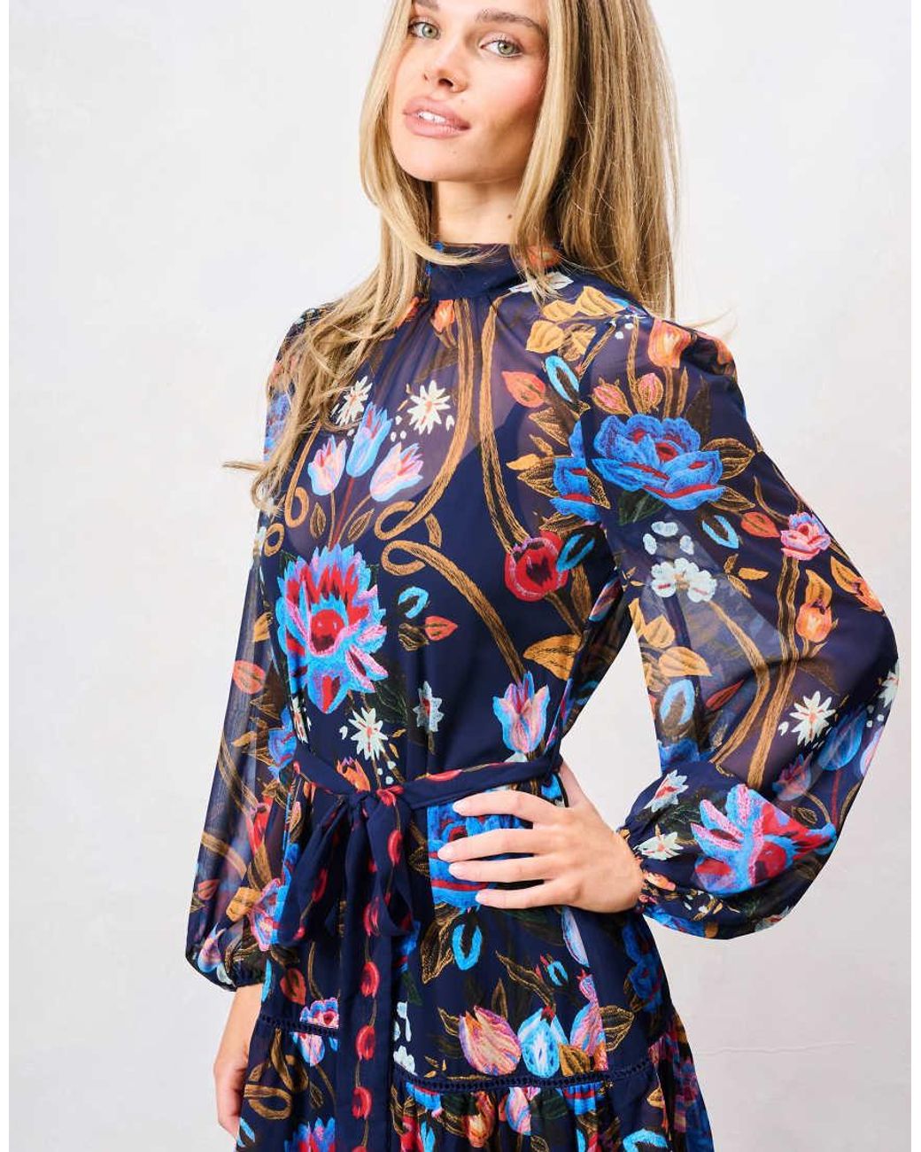 Hope & Ivy Blue Twila High Neck Blouson Sleeve Midi Dress With Belt