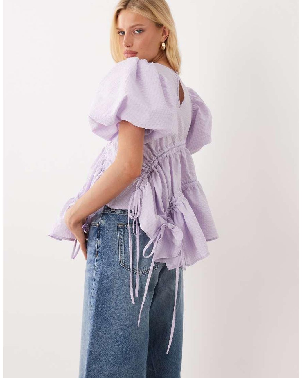 Ghospell Purple Micaela Exclusive Puff Sleeve Ruched Detail Top