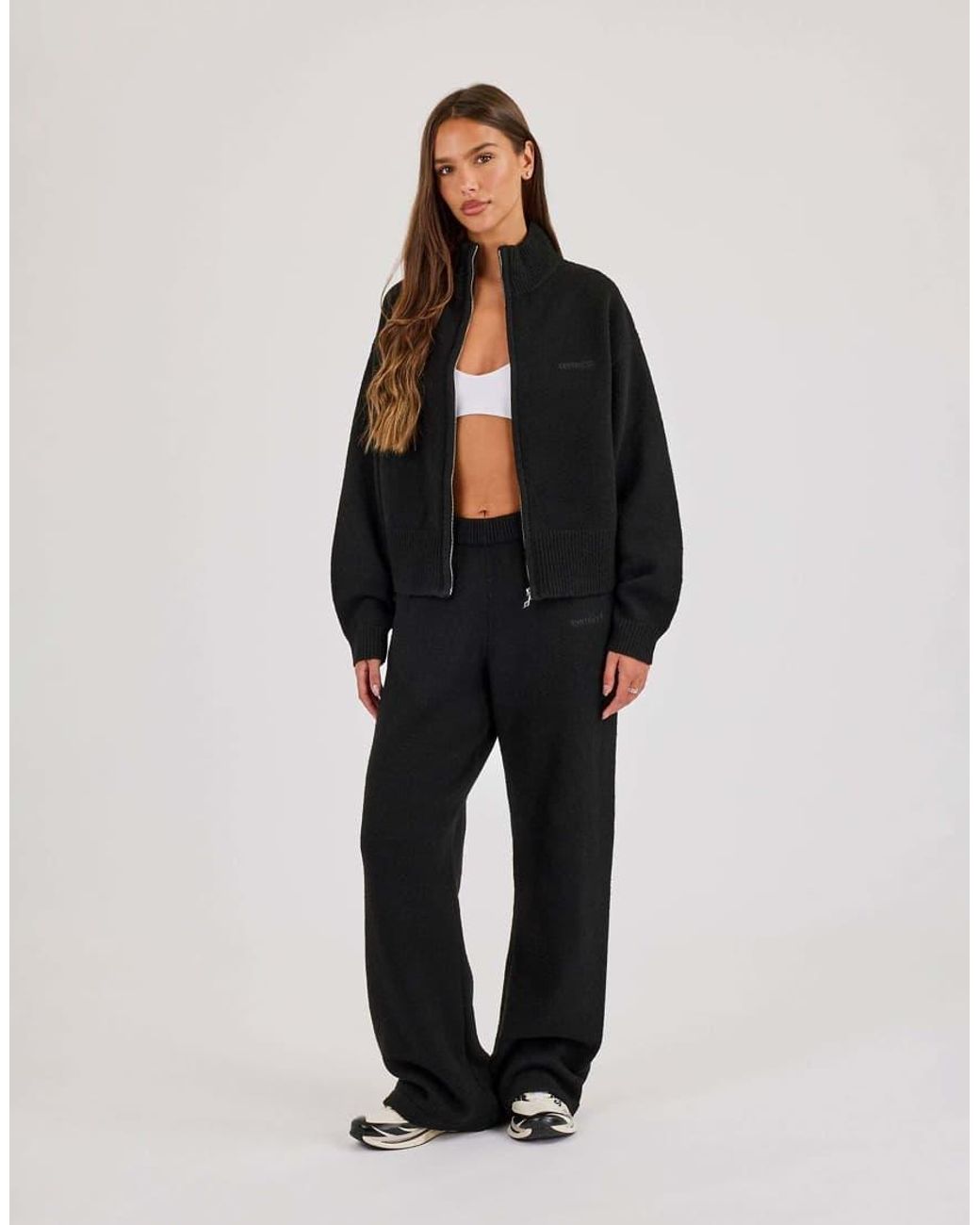 CERNUCCI Black Knitted Embroidered Logo Funnel Neck Zip Through