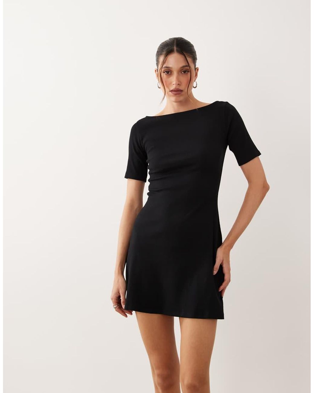 ASOS Black Rib Slash Neck Shoulder Seam Mini Dress