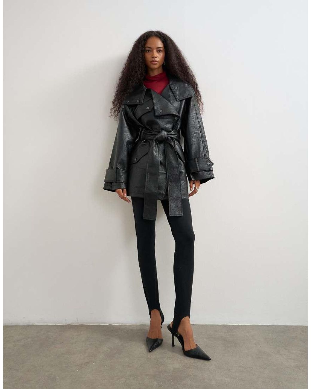 TOPSHOP Black Faux Leather Mid Length Belted Jacket