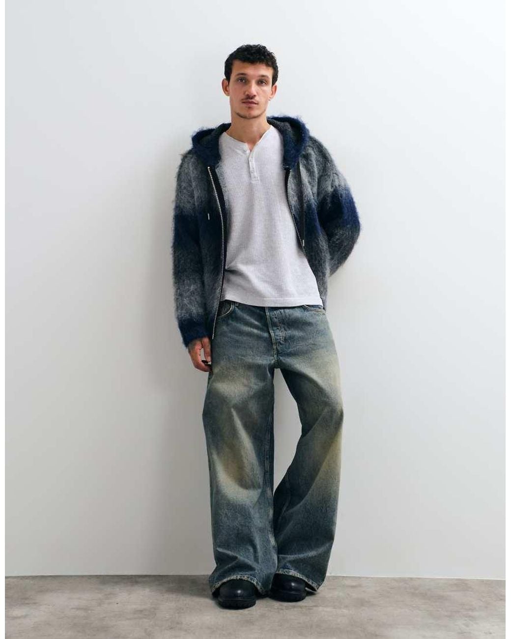 The Ragged Priest Blue Zip Through Fuzzy Gradient Hoodie Knit for men