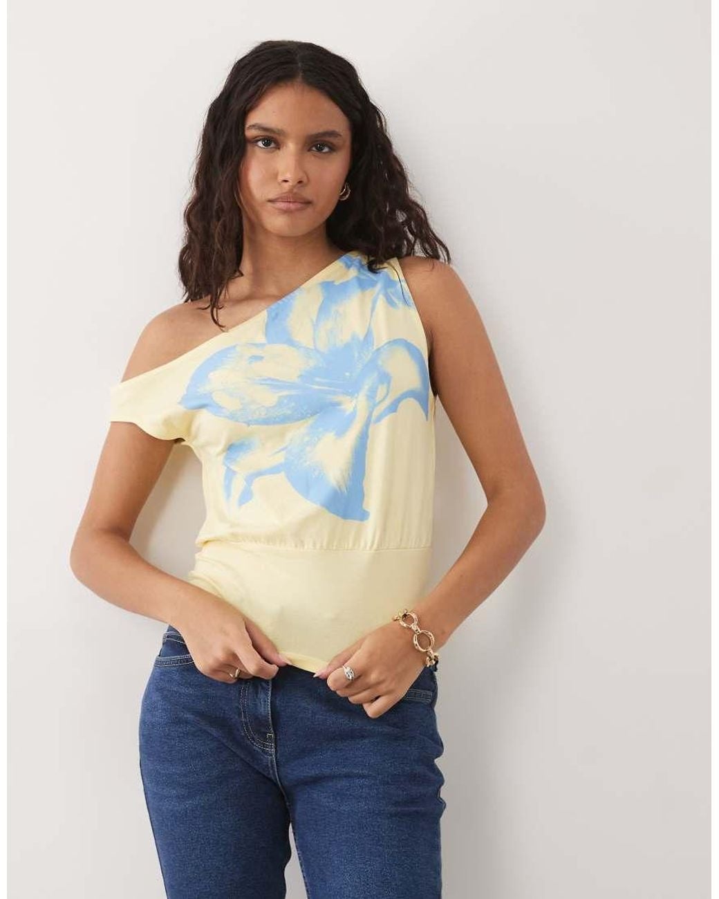 ASOS Blue Off Shoulder Cinched Waist Top With Lily Flower Graphic