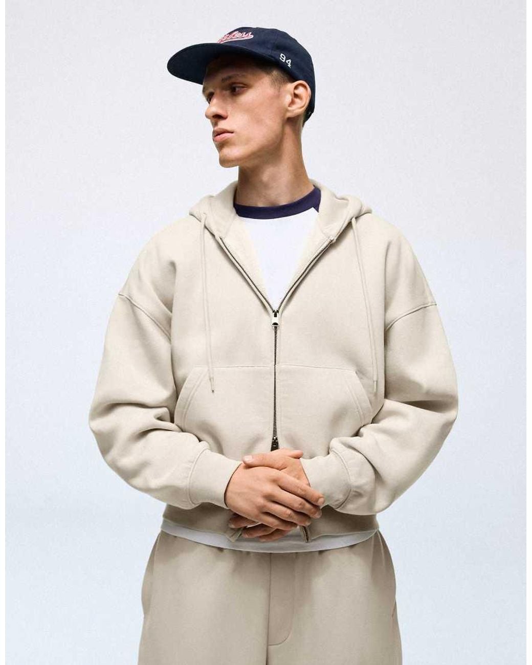Bershka Natural Boxy Zip-up Hoodie for men