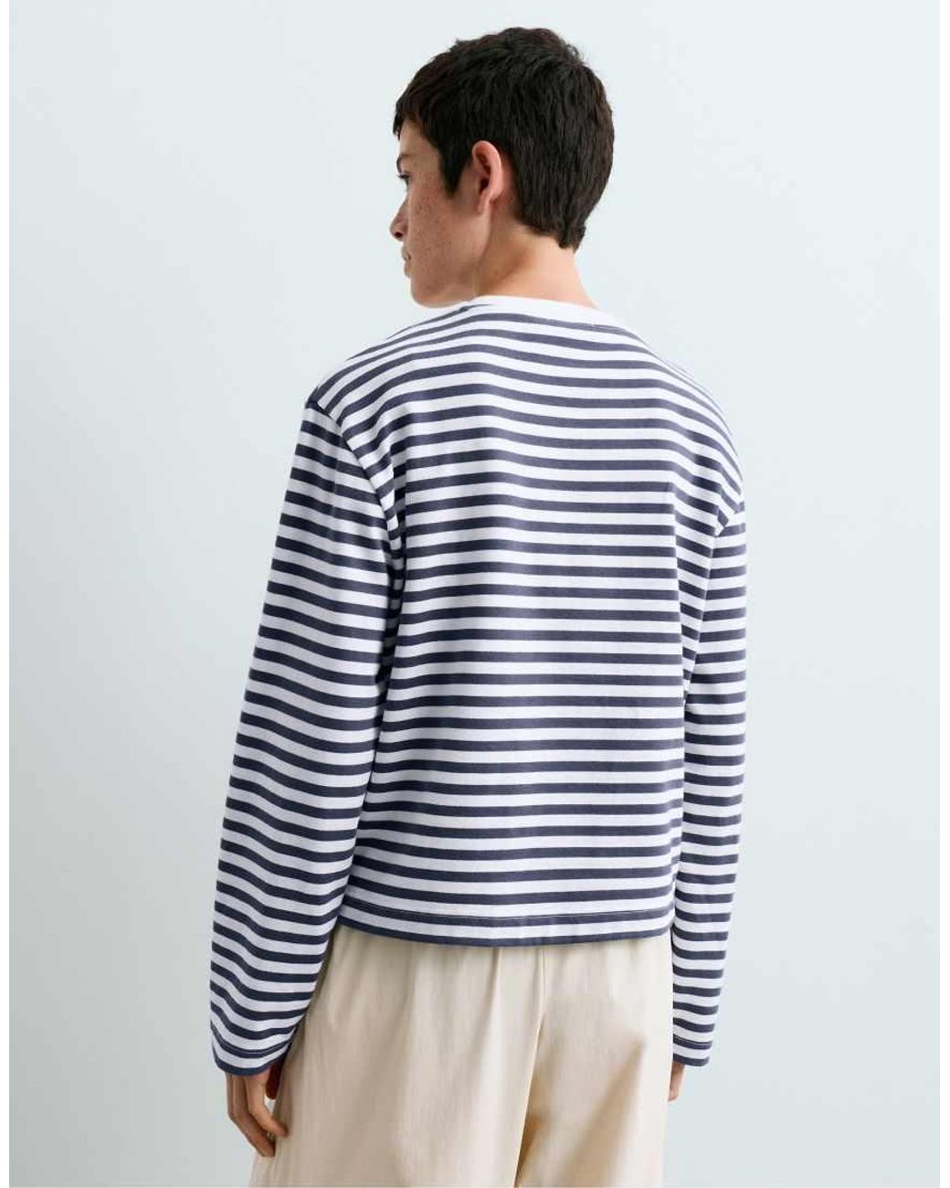 Oysho White Striped 100% Cotton Boxy Long-sleeved T-shirt