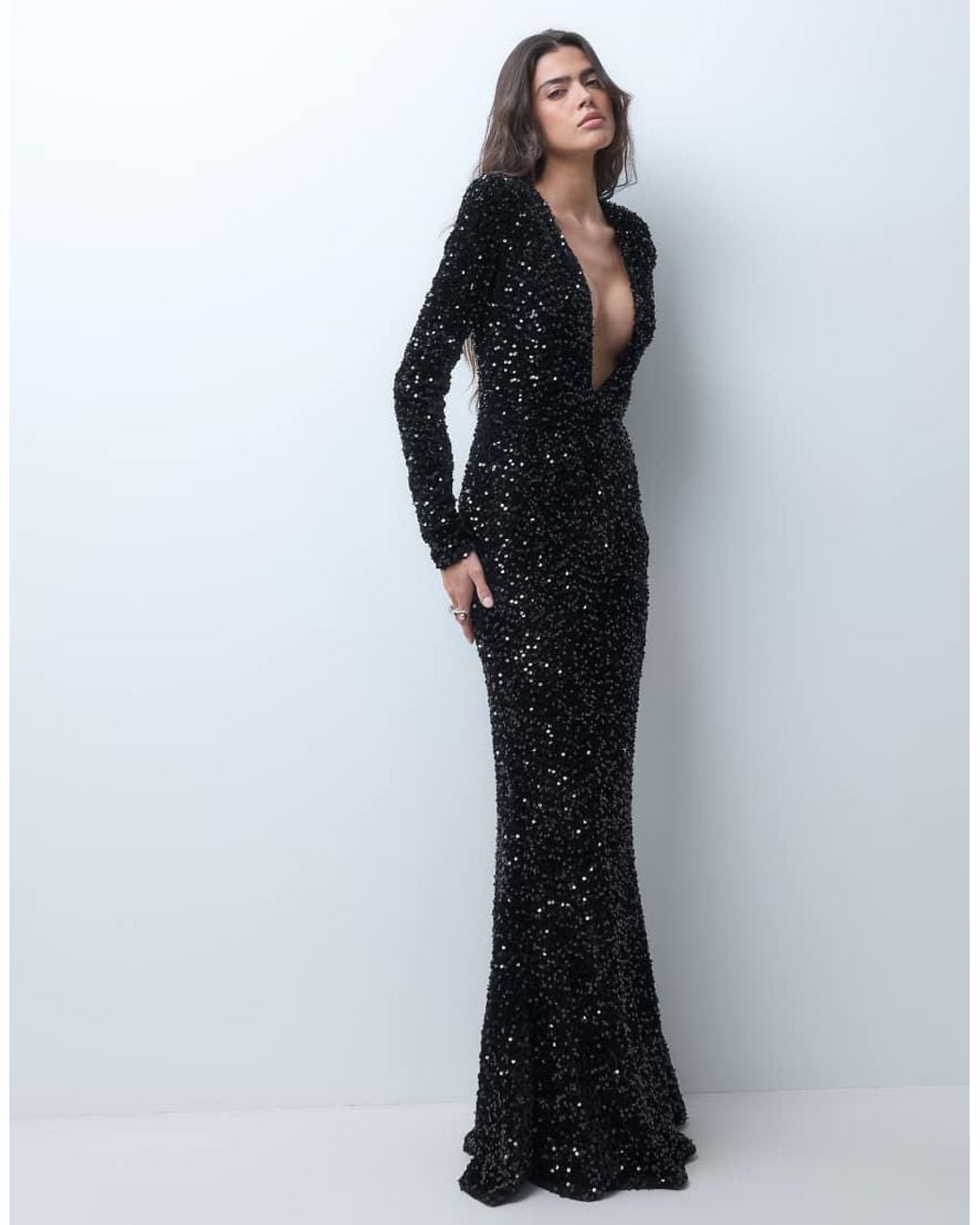 ASOS Blue Plunge Velvet Sequin Maxi Dress With Shoulder Pads