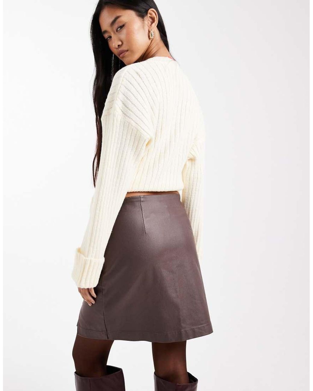Object Brown Coated Leather-look Mini Skirt