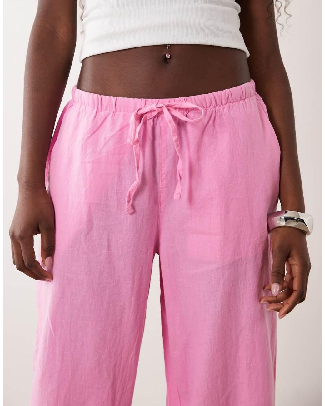 Gina Tricot Pink Pull On Linen Blend Trousers With Pockets
