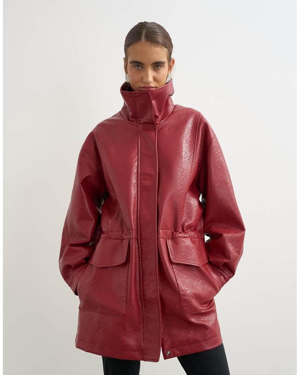 TOPSHOP Red Faux Leather Cinch Waist Funnel Neck Jacket