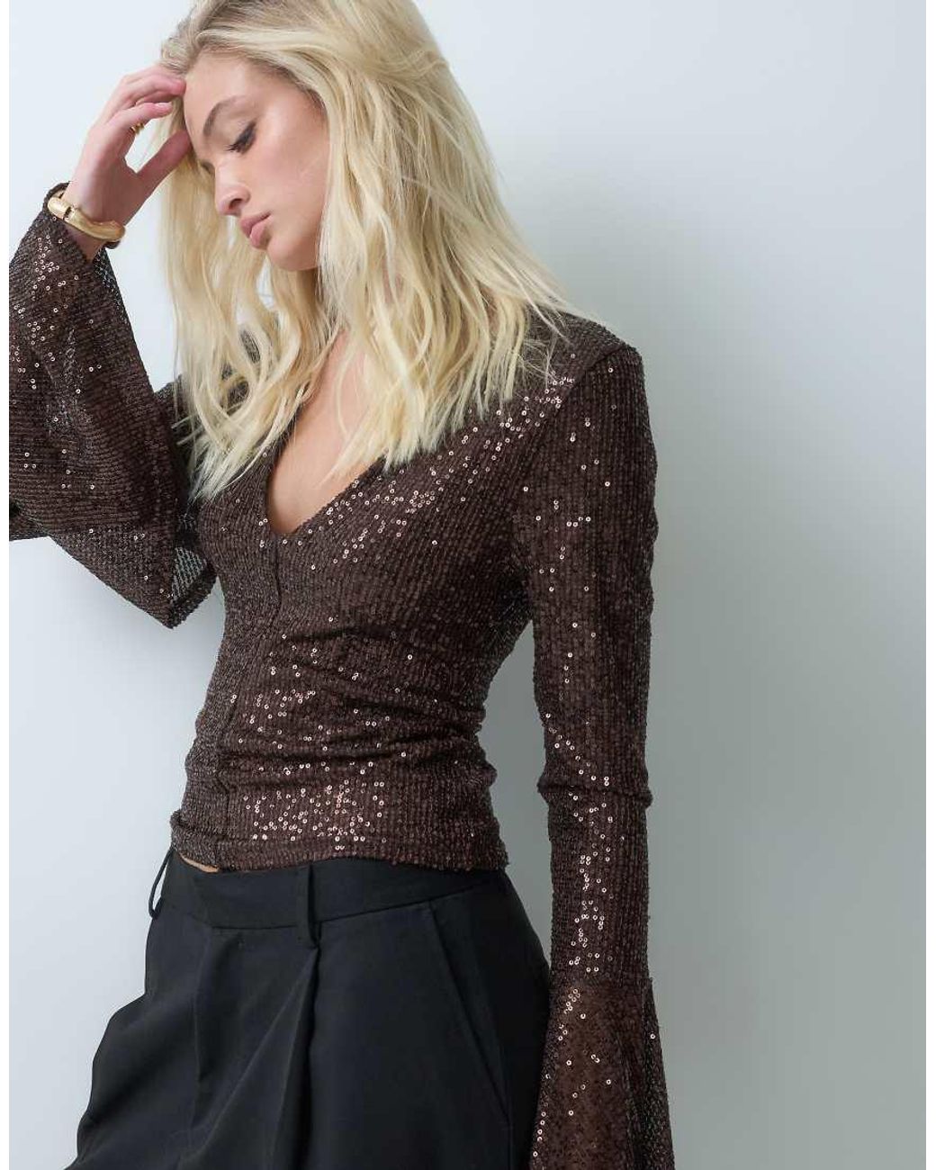 ASOS Gray V Front Angel Sleeve Sequin Top