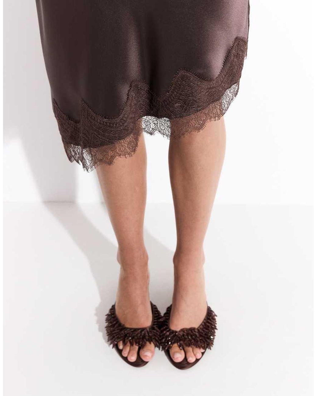 ONLY Brown Asymmetric Satin Lace Midi Skirt