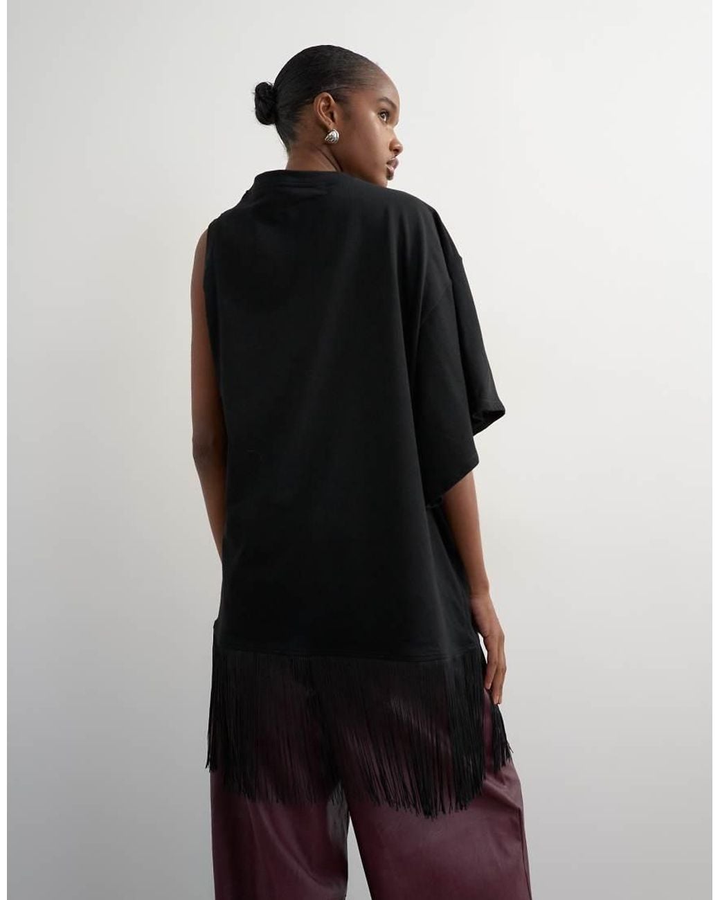 TOPSHOP Black Draped Asymmetric Fringe Detail Top