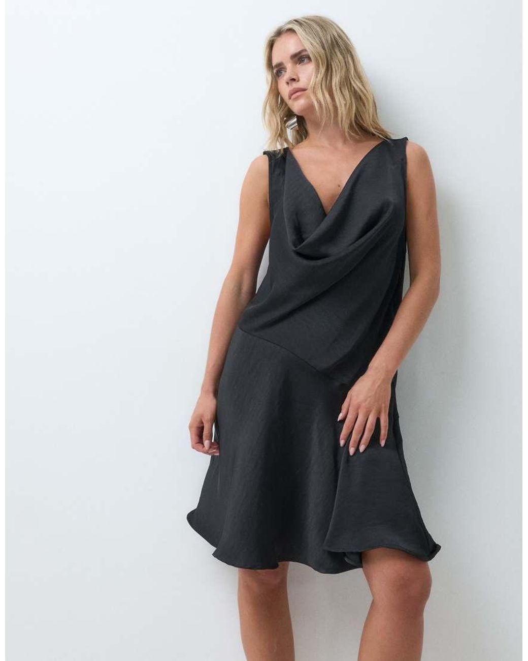 Vero Moda Black Satin Waterfall Mini Dress With Waist Detail
